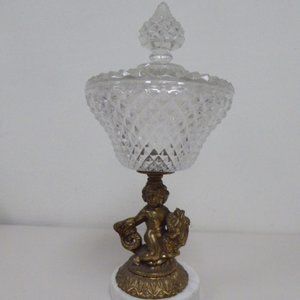 CATCO ITALY glass marble brass angel covered candy dish tall 13" vintage baroque